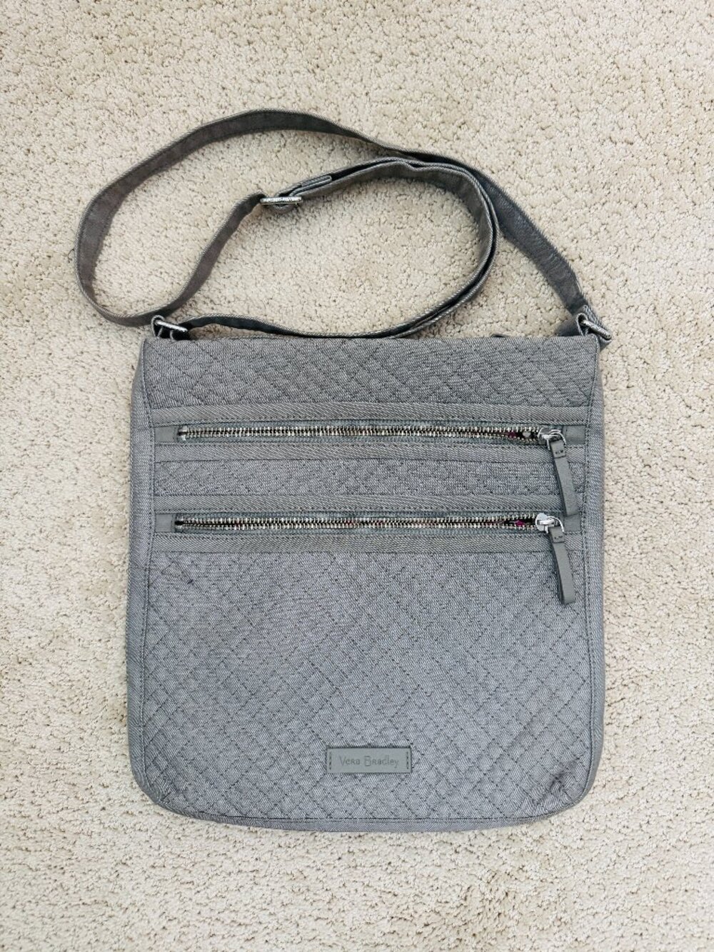 Vera Bradley Triple Zip Hipster Denim Grey Quilted Crossbody Satchel Floral Inte